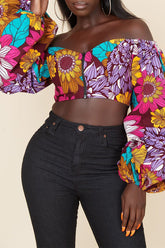 Pbong - Red Sweet Print Patchwork Zipper Off the Shoulder Tops
